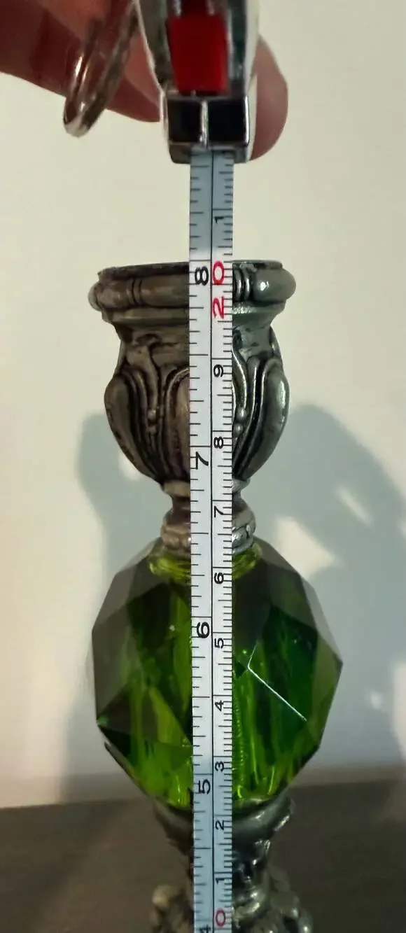 Vintage Hollywood Regency Metal Candlestick Holders with Green Lucite Orbs - Set